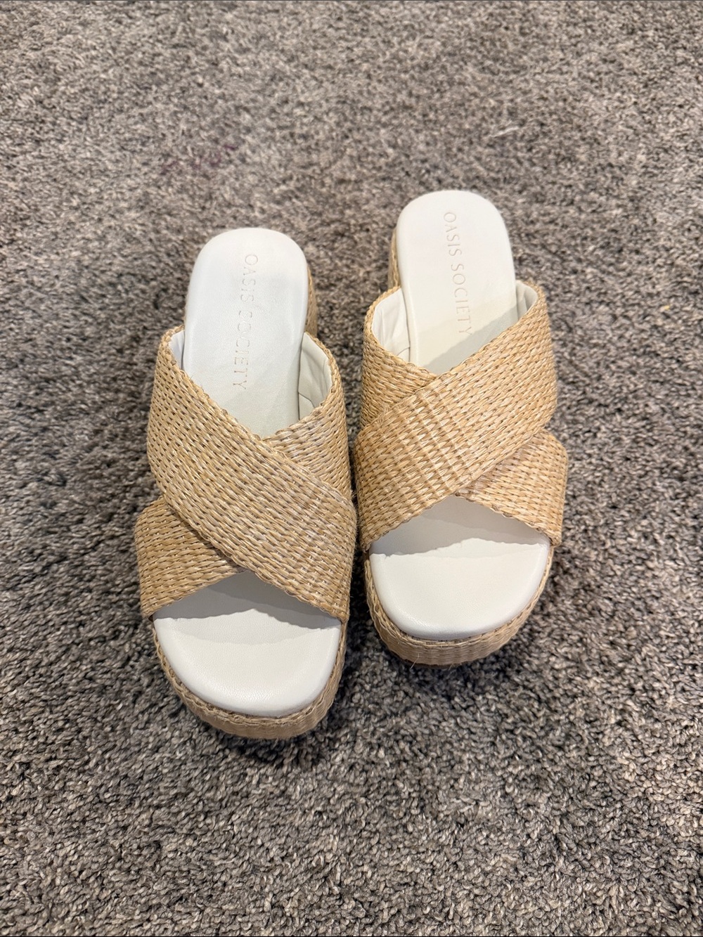 Oasis Society Natural Beige Woven Platform Slide Sandals
